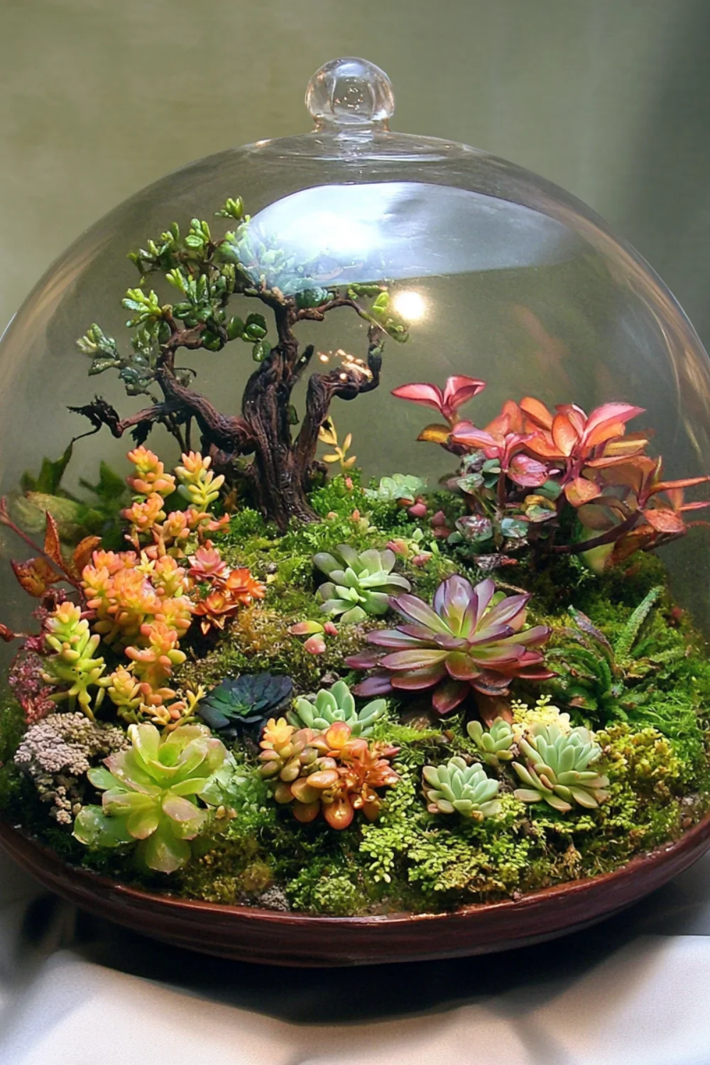 A lush miniature terrarium garden enclosed in a glass dome, featuring an assortment of vibrant succulents, moss, and a tiny bonsai-like tree, creating a dreamy, self-sustaining ecosystem.
