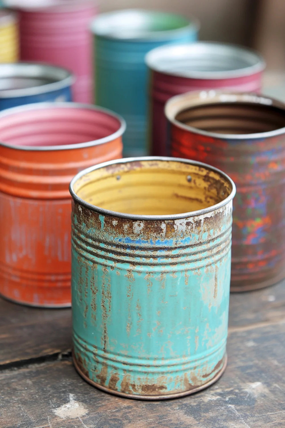 "Close-up of colorful old painted cans with worn-out and rusted exteriors, arranged in the background."