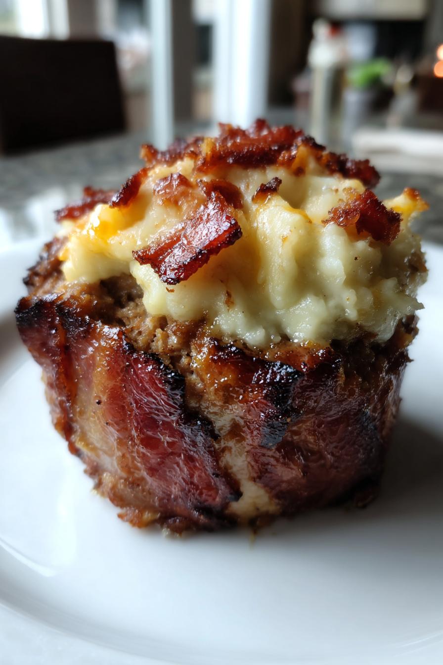 smoky bourbon bbq bacon wrapped meatloaf cupcakes with mashed potato frosting - detail 2